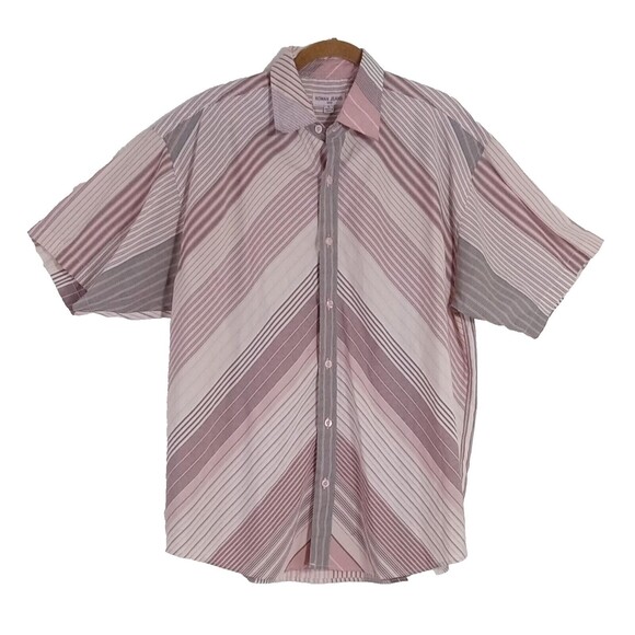 Koman Jeans Shirt Button Front Short Sleeve Mens LARGE Pink Gray Stripe - Picture 1 of 6